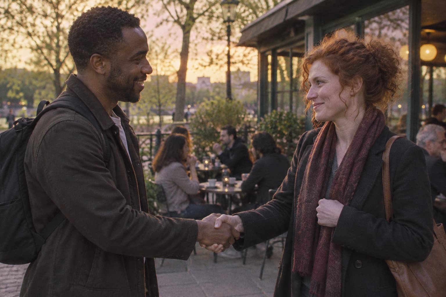Two people greet each other outside a café before a first meetup.